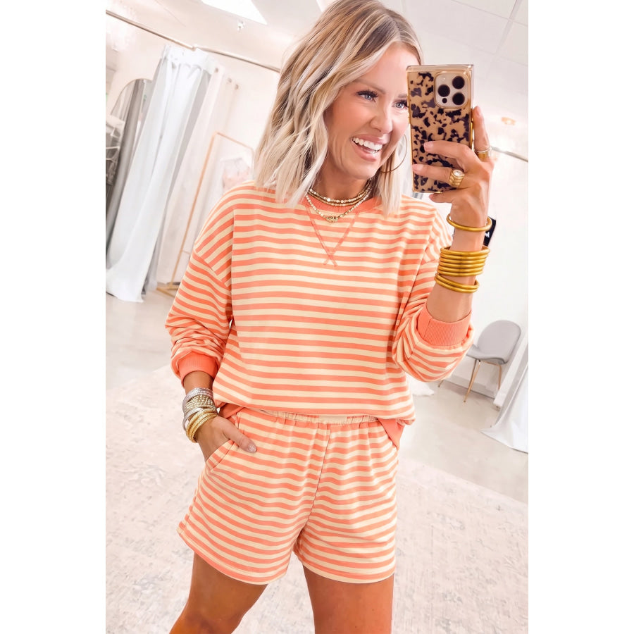 Coffee Drop Shoulder Long Sleeve Pullover Elastic Waist Casual Short Set Two Piece Sets/Short Sets