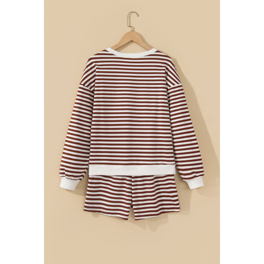 Coffee Drop Shoulder Long Sleeve Pullover Elastic Waist Casual Short Set Two Piece Sets/Short Sets