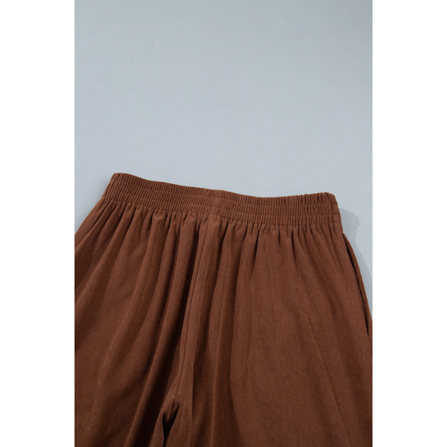 Coffee Elastic Waist Straight Leg Ankle Length Corduroy Pants Bottoms/Pants & Culotte