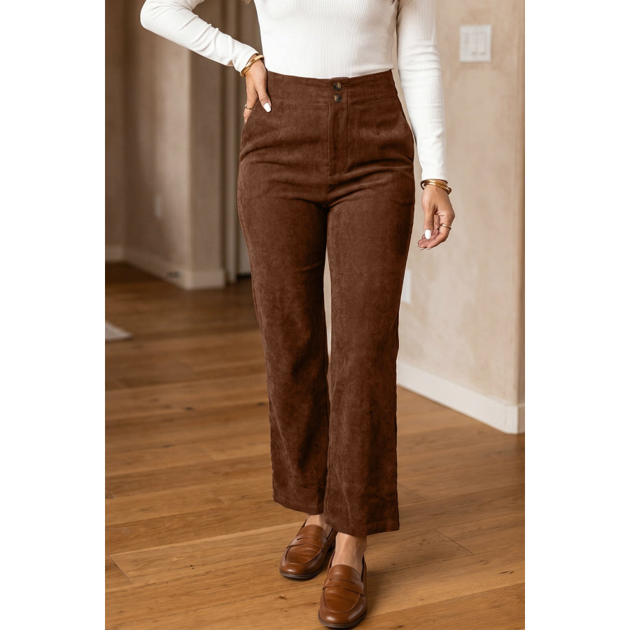 Coffee Elastic Waist Straight Leg Ankle Length Corduroy Pants Coffee / S / 100% Polyester Bottoms/Pants & Culotte