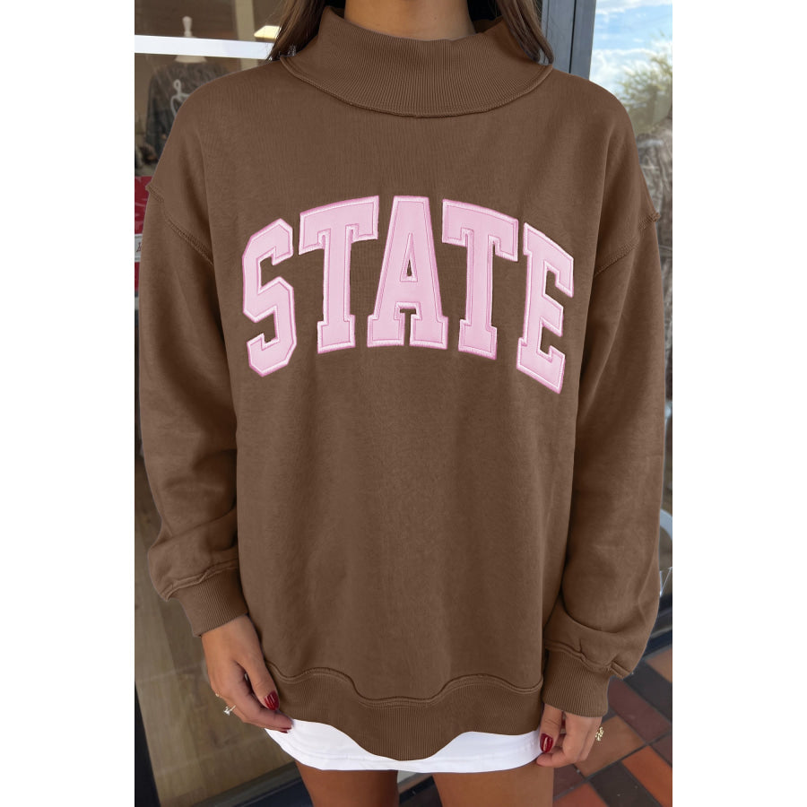 Coffee Exposed Seam Mock Neck STATE Letter Graphic Loose Sweatshirt Coffee / S / 50% Polyester + 50% Cotton Tops/Sweatshirts & Hoodies