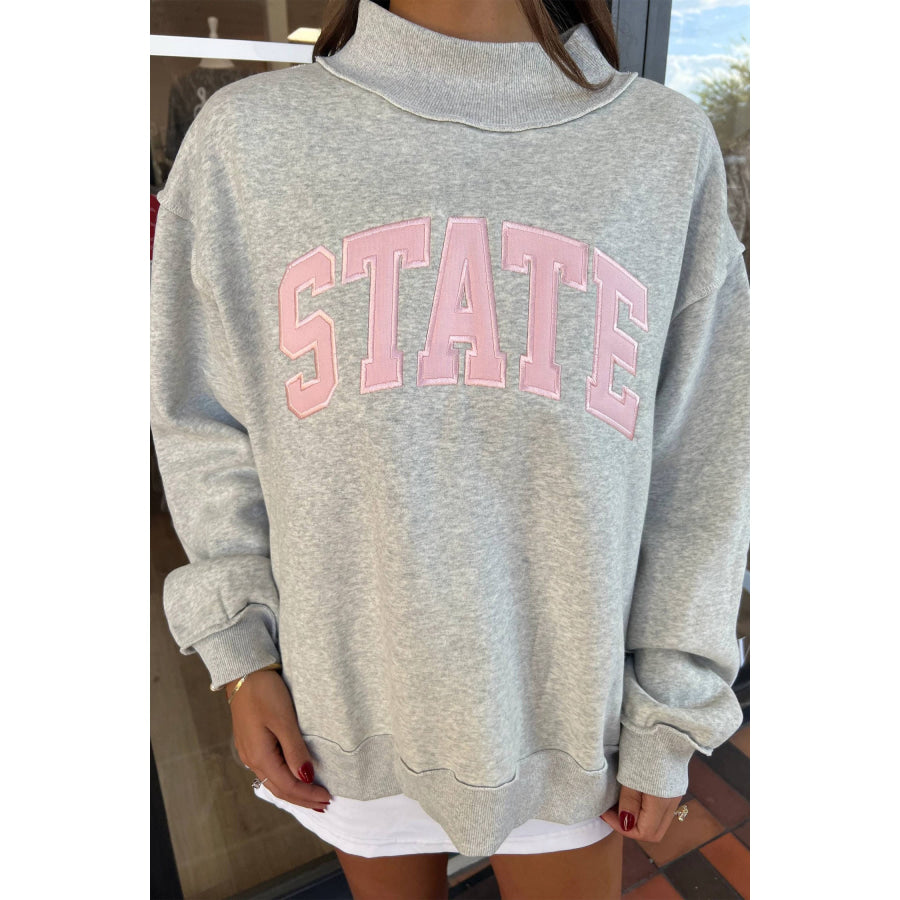 Coffee Exposed Seam Mock Neck STATE Letter Graphic Loose Sweatshirt Tops/Sweatshirts & Hoodies
