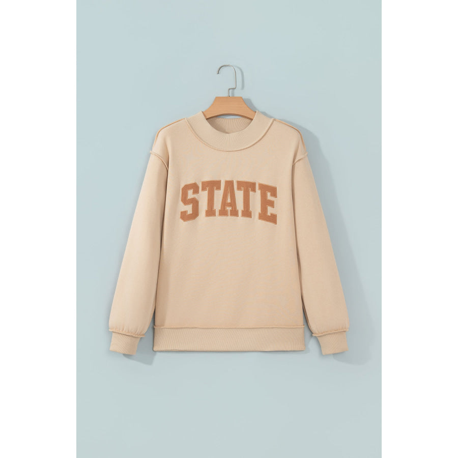 Coffee Exposed Seam Mock Neck STATE Letter Graphic Loose Sweatshirt Tops/Sweatshirts & Hoodies