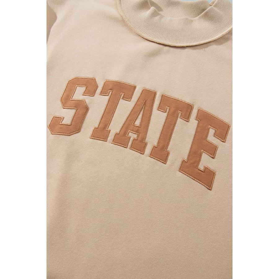 Coffee Exposed Seam Mock Neck STATE Letter Graphic Loose Sweatshirt Tops/Sweatshirts & Hoodies