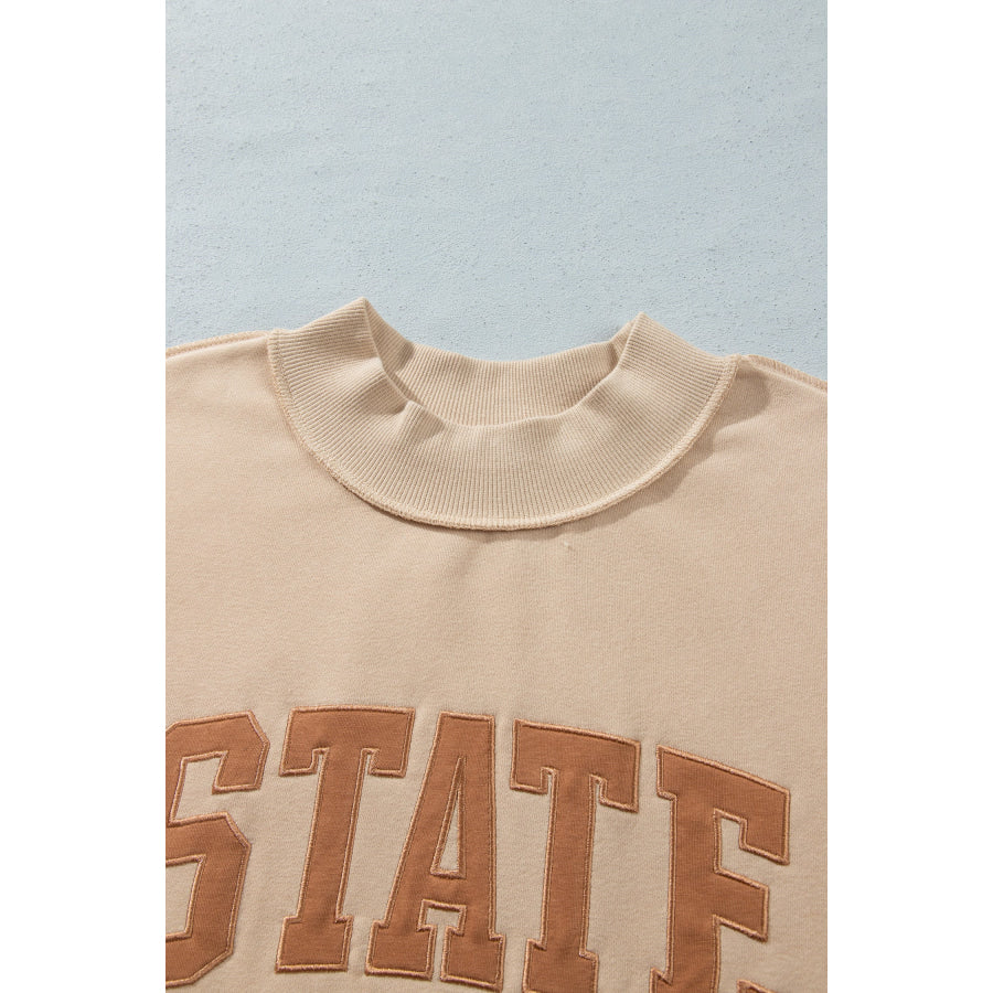 Coffee Exposed Seam Mock Neck STATE Letter Graphic Loose Sweatshirt Tops/Sweatshirts & Hoodies