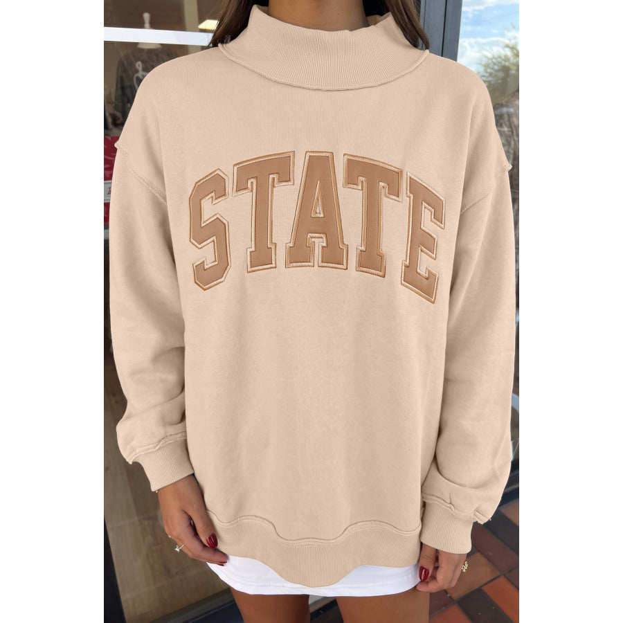 Coffee Exposed Seam Mock Neck STATE Letter Graphic Loose Sweatshirt Tops/Sweatshirts & Hoodies