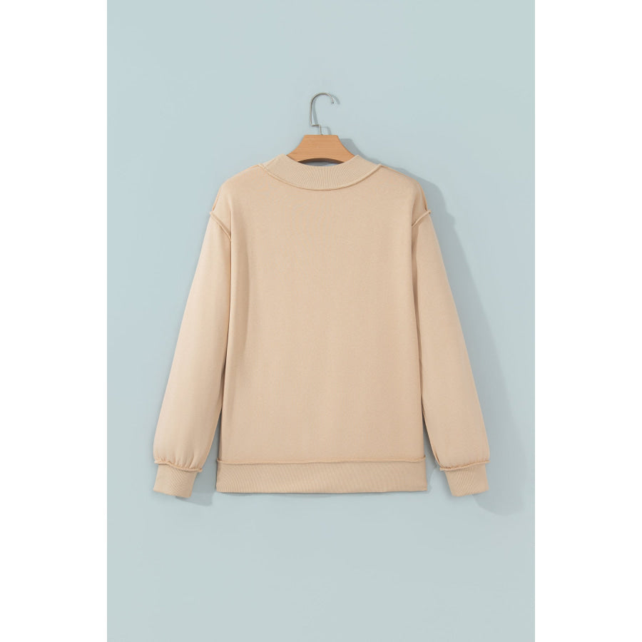 Coffee Exposed Seam Mock Neck STATE Letter Graphic Loose Sweatshirt Tops/Sweatshirts & Hoodies