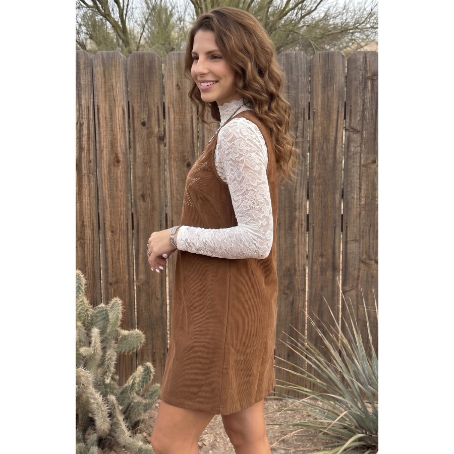 Coffee Geometric Embroidery Sleeveless Corduroy Shift Dress Dresses/Mini Dresses