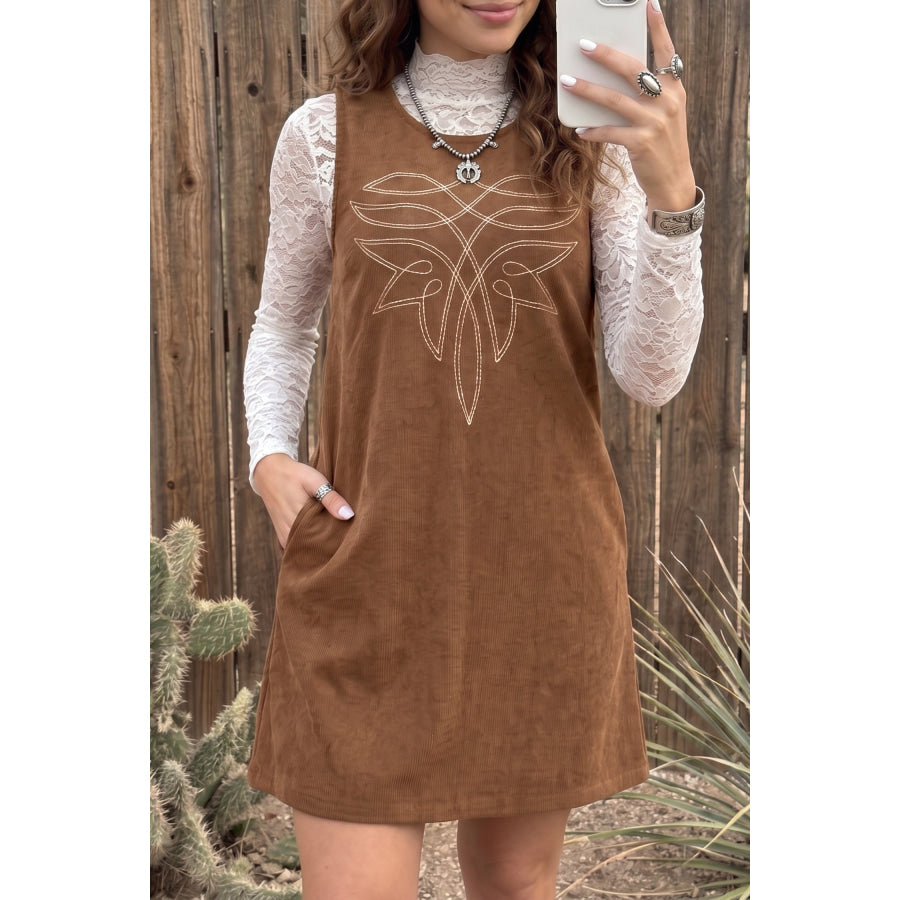 Coffee Geometric Embroidery Sleeveless Corduroy Shift Dress / S Dresses/Mini Dresses