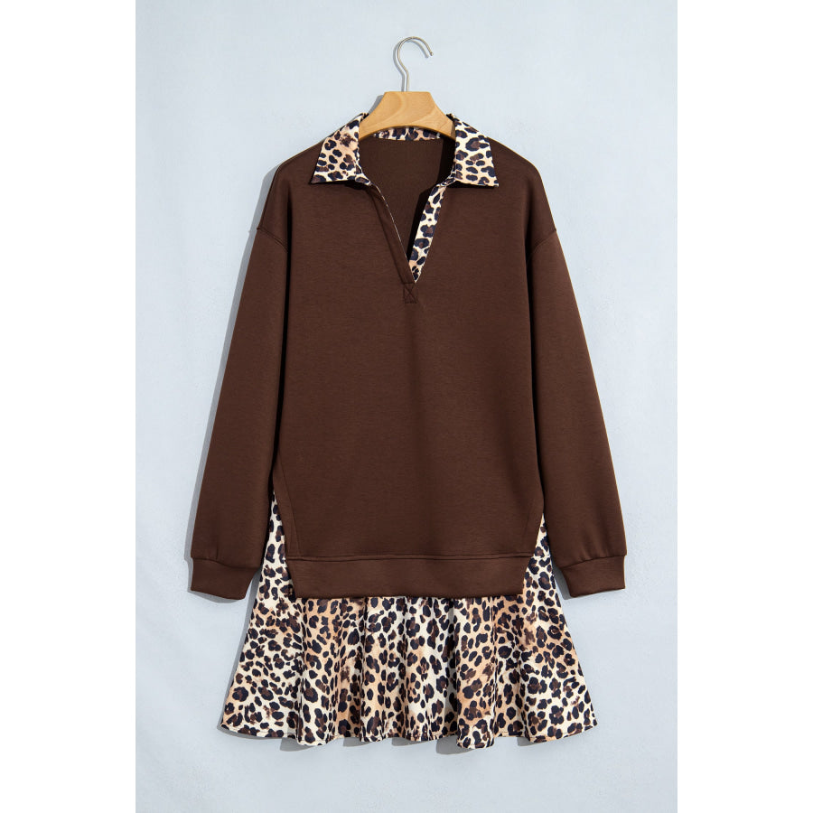 Coffee Leopard Patchwork Collar Long Sleeve Dress Dresses/Mini Dresses