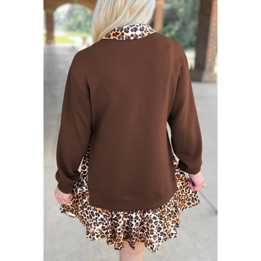 Coffee Leopard Patchwork Collar Long Sleeve Dress Dresses/Mini Dresses