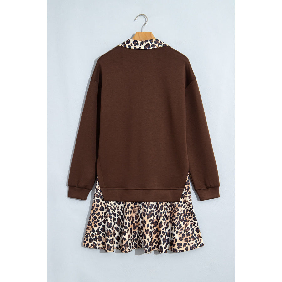 Coffee Leopard Patchwork Collar Long Sleeve Dress Dresses/Mini Dresses