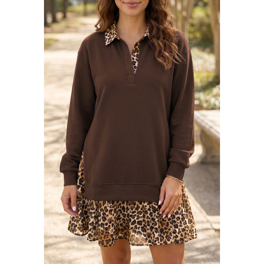 Coffee Leopard Patchwork Collar Long Sleeve Dress Dresses/Mini Dresses