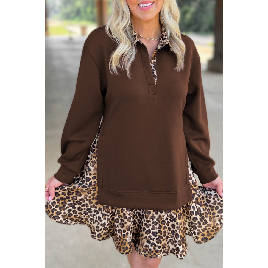 Coffee Leopard Patchwork Collar Long Sleeve Dress Coffee / S Dresses/Mini Dresses