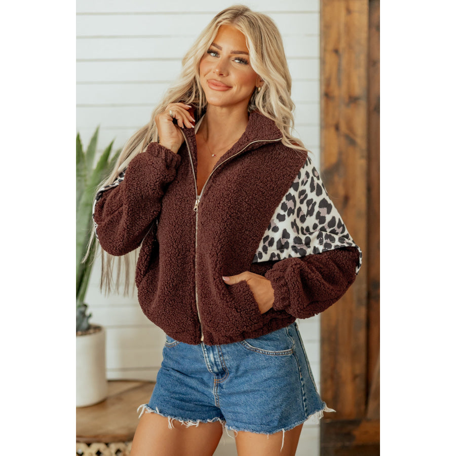 Coffee Leopard Patchwork Fleece Western Style Zip-up Collar Jacket Outerwear/Jackets