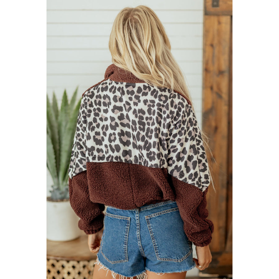 Coffee Leopard Patchwork Fleece Western Style Zip-up Collar Jacket / S / Shell:100% Polyester + Lining:100% Polyester Outerwear/Jackets
