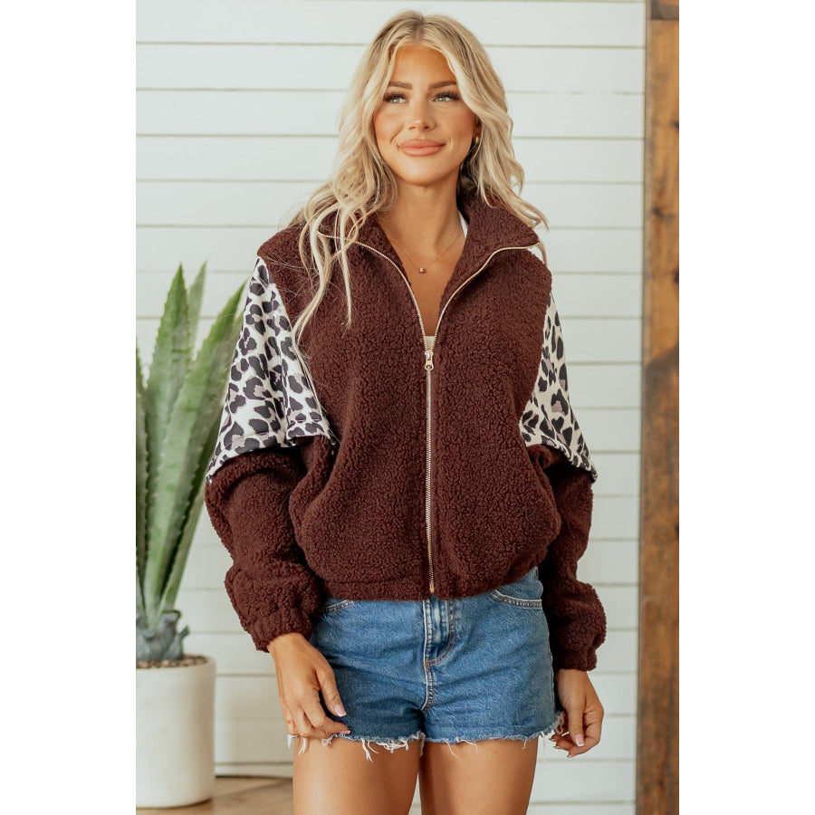Coffee Leopard Patchwork Fleece Western Style Zip-up Collar Jacket Outerwear/Jackets