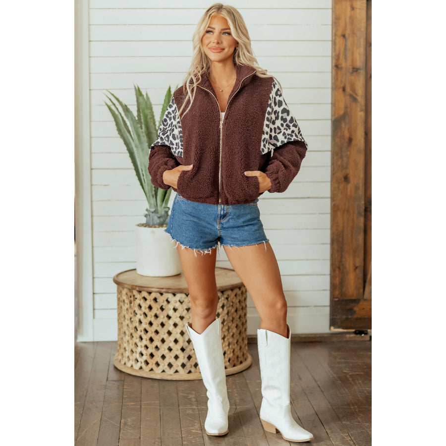 Coffee Leopard Patchwork Fleece Western Style Zip-up Collar Jacket Outerwear/Jackets