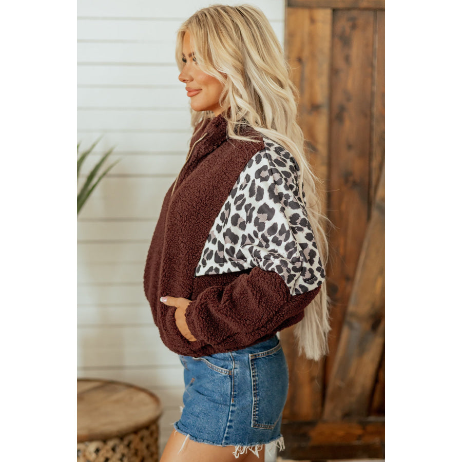 Coffee Leopard Patchwork Fleece Western Style Zip-up Collar Jacket Outerwear/Jackets