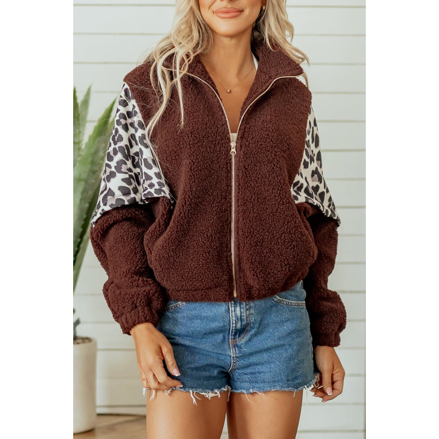 Coffee Leopard Patchwork Fleece Western Style Zip-up Collar Jacket Outerwear/Jackets