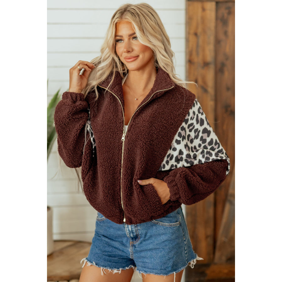 Coffee Leopard Patchwork Fleece Western Style Zip-up Collar Jacket Outerwear/Jackets