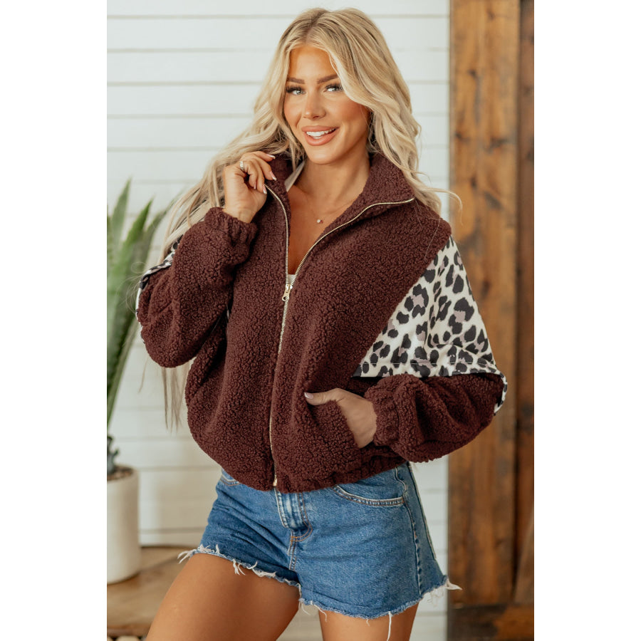 Coffee Leopard Patchwork Fleece Western Style Zip-up Collar Jacket / S / Shell:100% Polyester + Lining:100% Polyester Outerwear/Jackets
