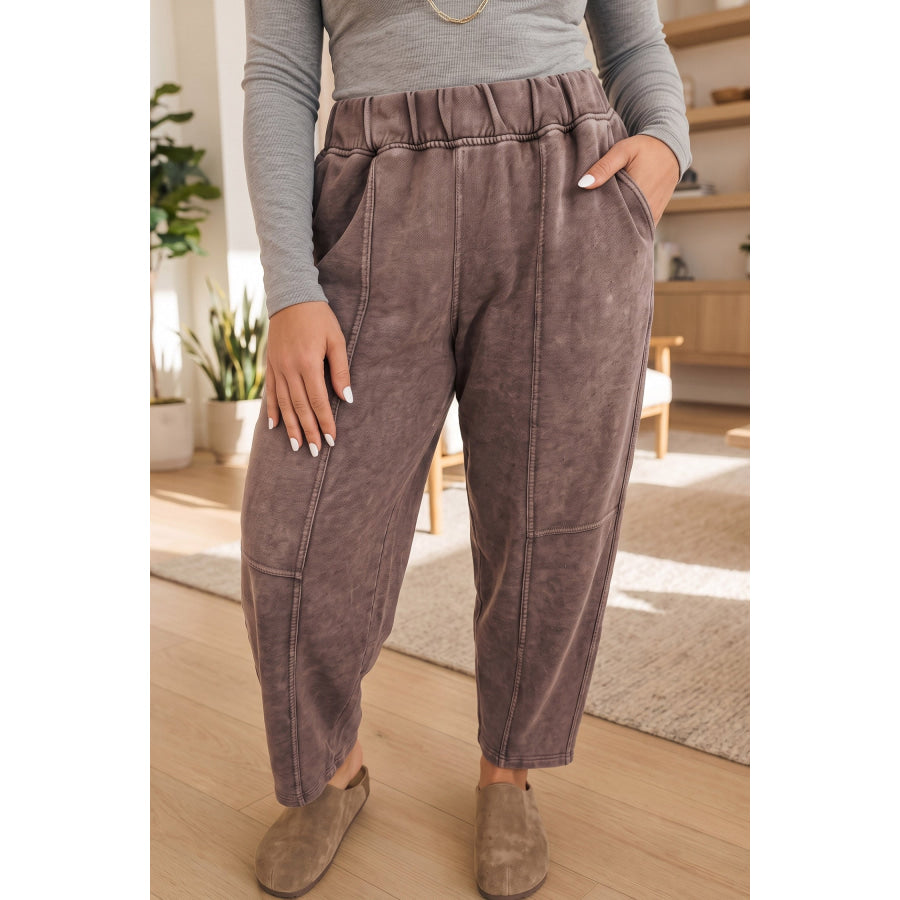 Coffee Mineral Wash Elastic Waistband Plus Size Barrel Pants Size/Plus Bottoms