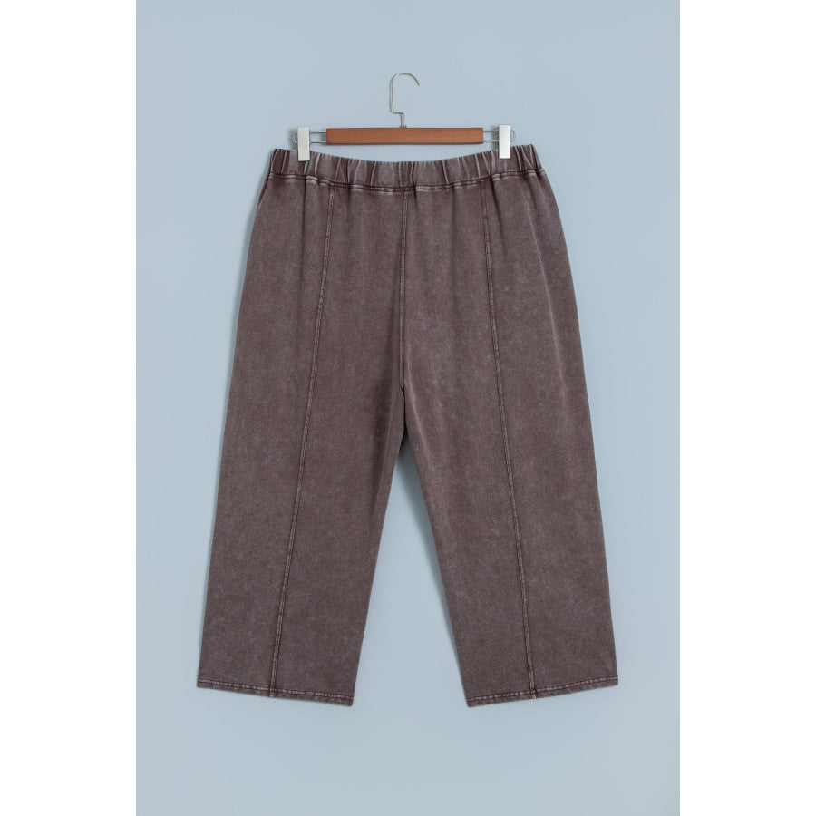 Coffee Mineral Wash Elastic Waistband Plus Size Barrel Pants Size/Plus Bottoms