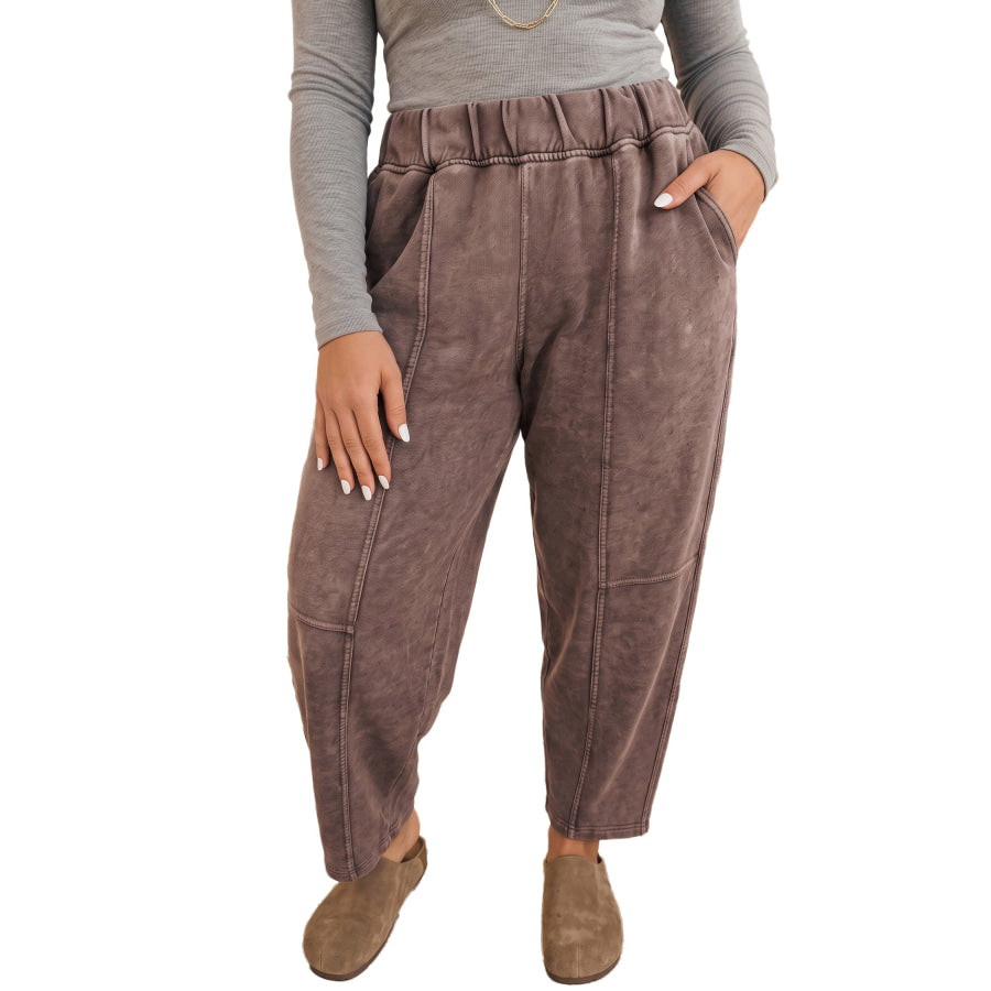 Coffee Mineral Wash Elastic Waistband Plus Size Barrel Pants Size/Plus Bottoms