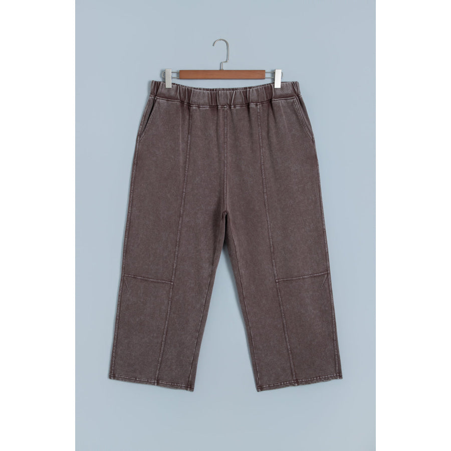 Coffee Mineral Wash Elastic Waistband Plus Size Barrel Pants Size/Plus Bottoms