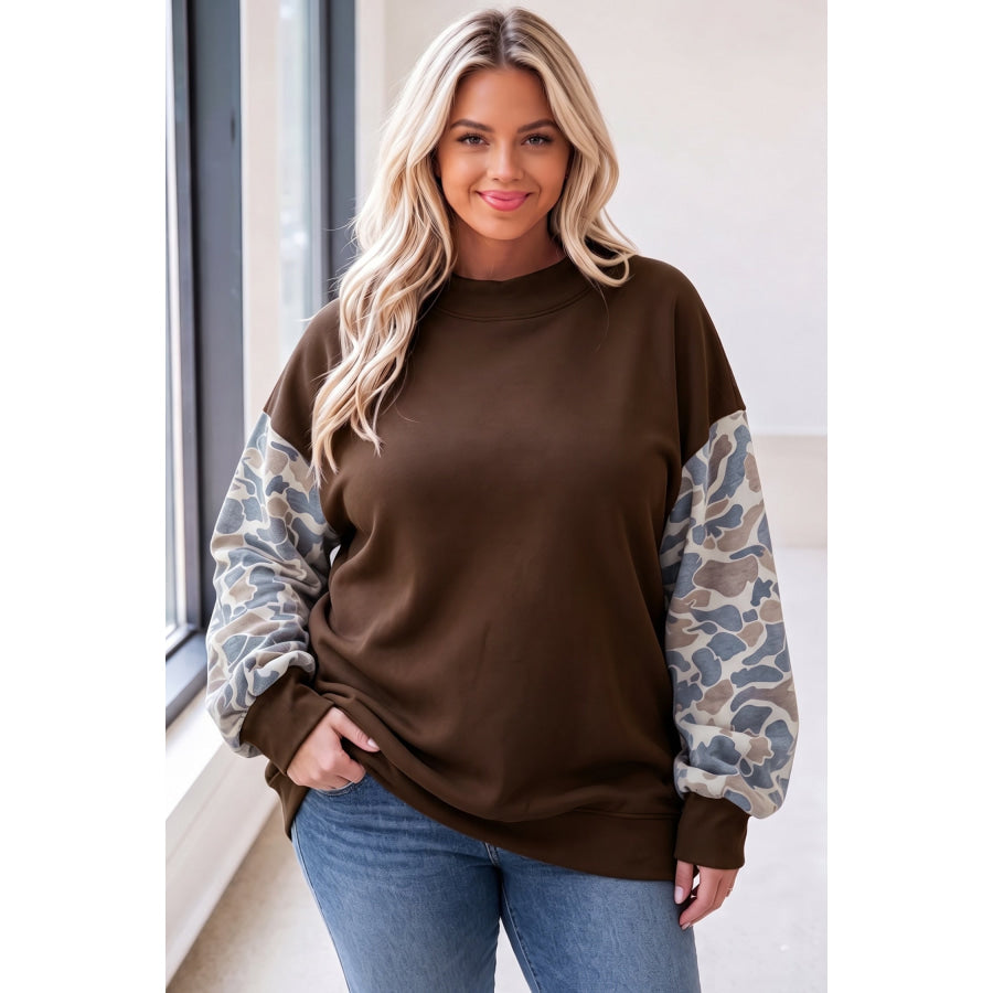 Coffee Mock Neck Camo Patchwork Drop Shoulder Plus Size Sweatshirt Size/Plus Sweatshirts & Hoodies