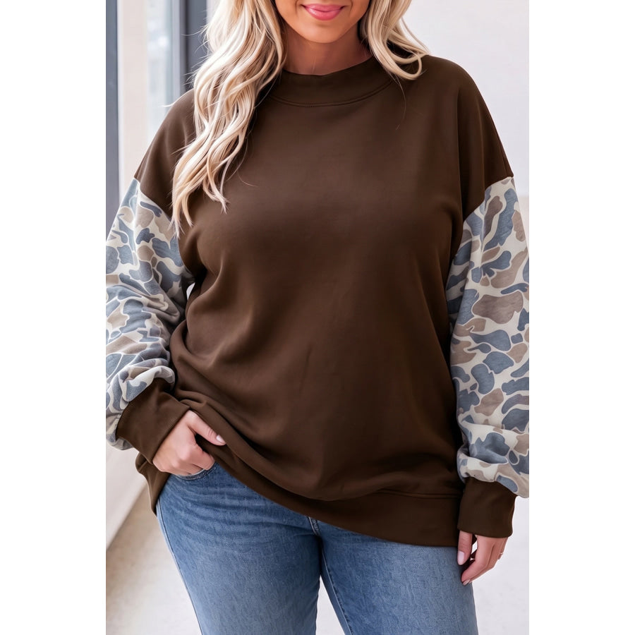 Coffee Mock Neck Camo Patchwork Drop Shoulder Plus Size Sweatshirt Size/Plus Sweatshirts & Hoodies