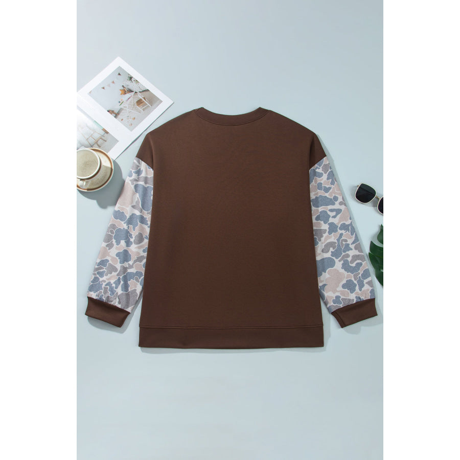 Coffee Mock Neck Camo Patchwork Drop Shoulder Plus Size Sweatshirt Size/Plus Sweatshirts & Hoodies