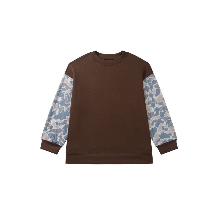 Coffee Mock Neck Camo Patchwork Drop Shoulder Plus Size Sweatshirt Size/Plus Sweatshirts & Hoodies