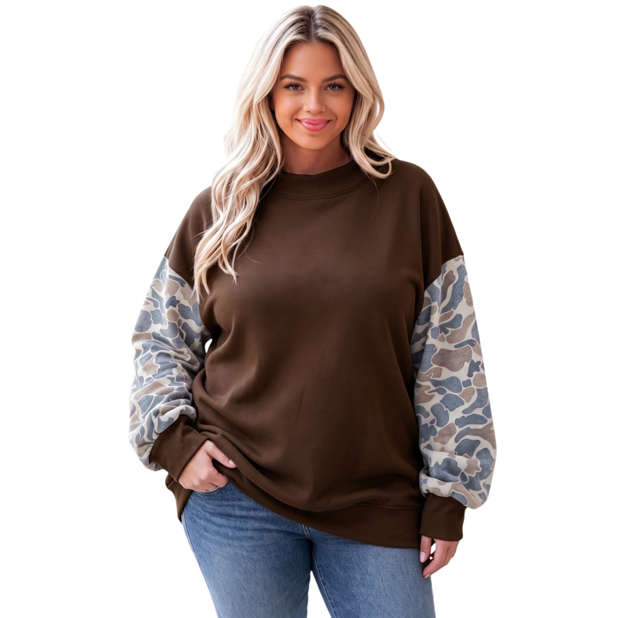 Coffee Mock Neck Camo Patchwork Drop Shoulder Plus Size Sweatshirt Size/Plus Sweatshirts & Hoodies