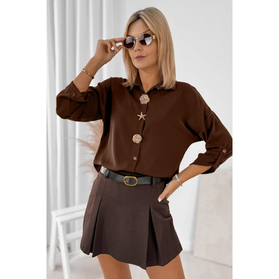 Coffee Multi Button Decoration Tab Long Sleeve Casual Shirt Tops/Blouses & Shirts