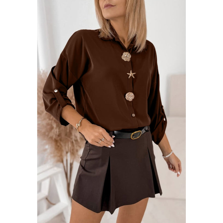 Coffee Multi Button Decoration Tab Long Sleeve Casual Shirt Tops/Blouses & Shirts