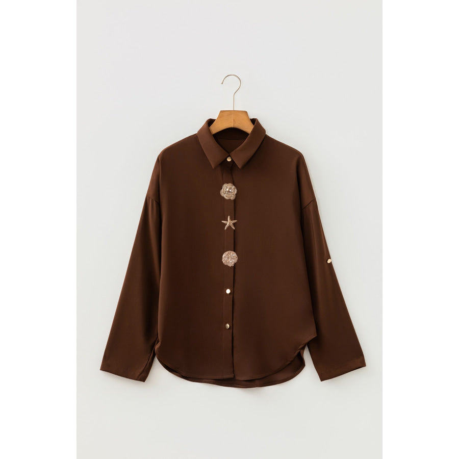 Coffee Multi Button Decoration Tab Long Sleeve Casual Shirt Tops/Blouses & Shirts