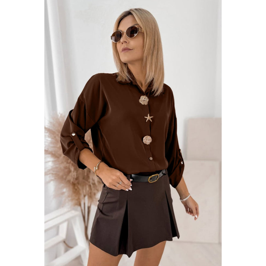 Coffee Multi Button Decoration Tab Long Sleeve Casual Shirt Tops/Blouses & Shirts