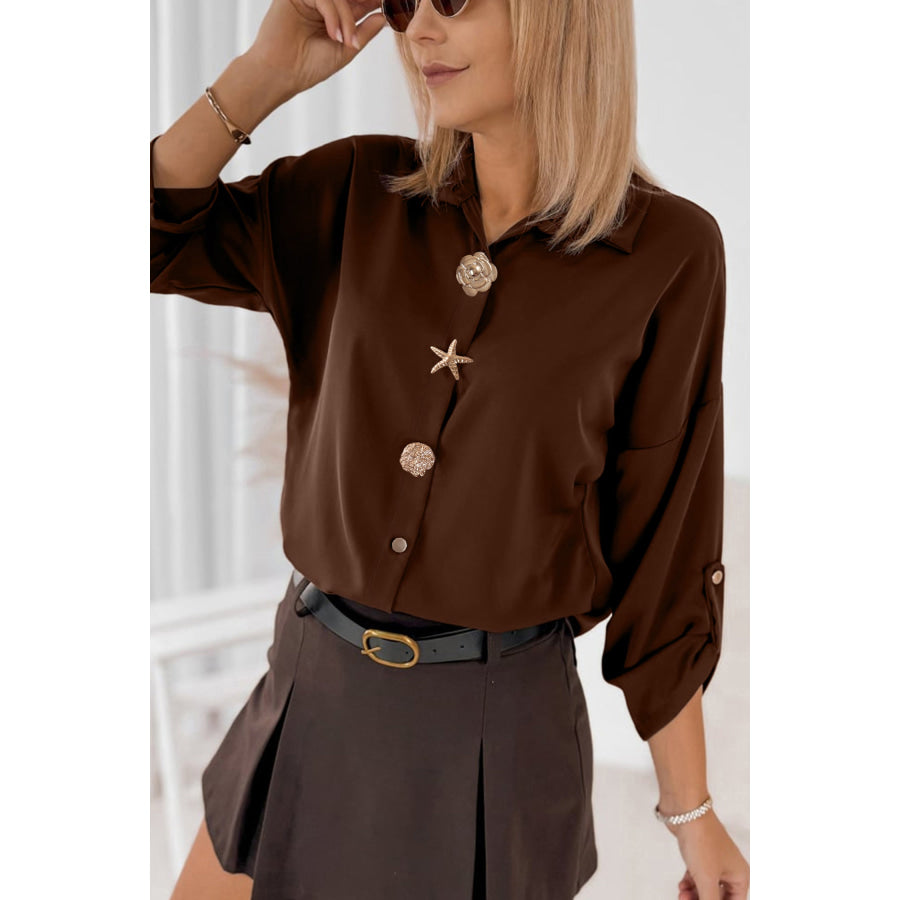 Coffee Multi Button Decoration Tab Long Sleeve Casual Shirt Tops/Blouses & Shirts