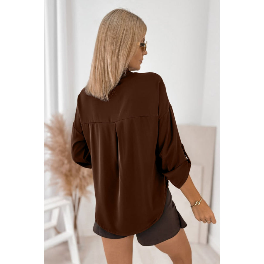 Coffee Multi Button Decoration Tab Long Sleeve Casual Shirt Tops/Blouses & Shirts
