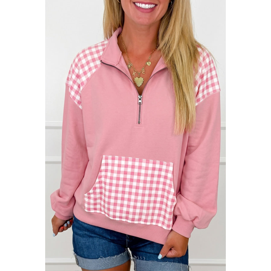 Coffee Patchwork Plaid Pocket Quarter Zip Sweatshirt Pink / S / 65% Polyester + 35% Cotton Tops/Sweatshirts & Hoodies