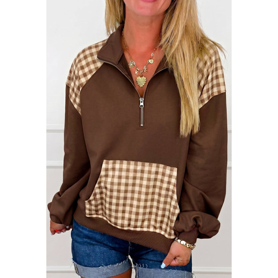Coffee Patchwork Plaid Pocket Quarter Zip Sweatshirt / S / 65% Polyester + 35% Cotton Tops/Sweatshirts & Hoodies