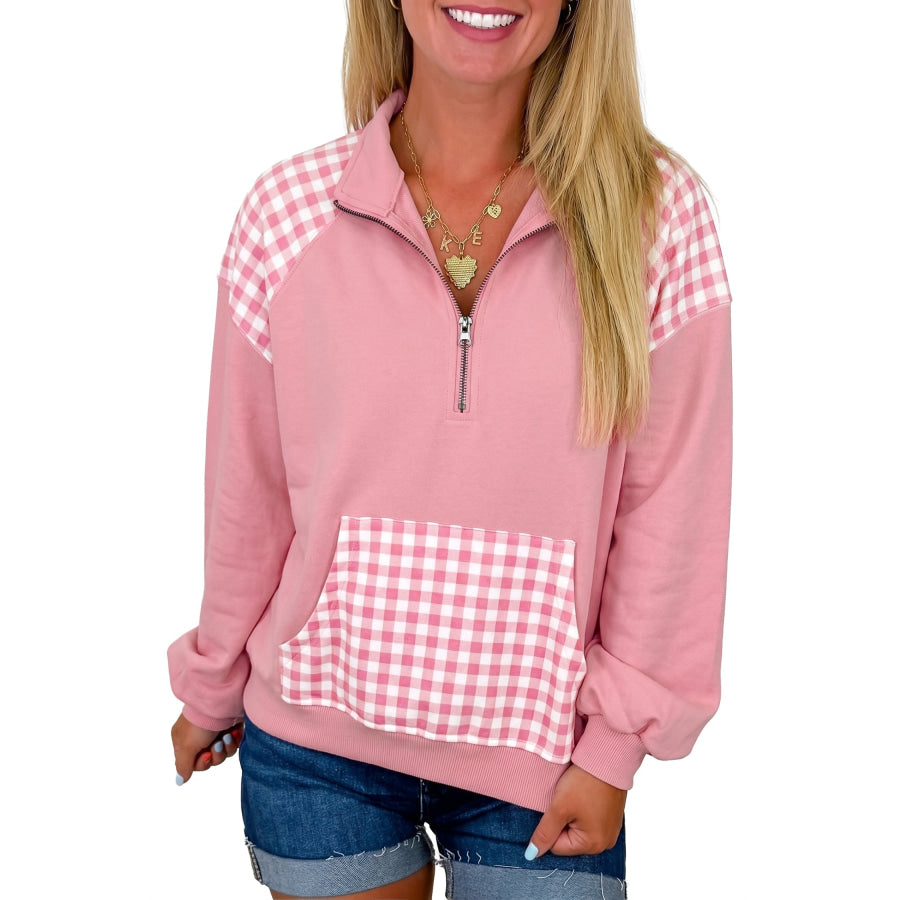 Coffee Patchwork Plaid Pocket Quarter Zip Sweatshirt Tops/Sweatshirts & Hoodies