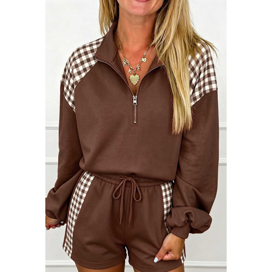 Coffee Plaid Patchwork Half Zip Pullover Drawstring Short Set / S Two Piece Sets/Short Sets