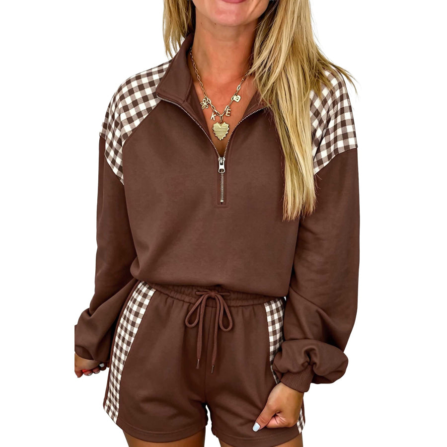 Coffee Plaid Patchwork Half Zip Pullover Drawstring Short Set Two Piece Sets/Short Sets