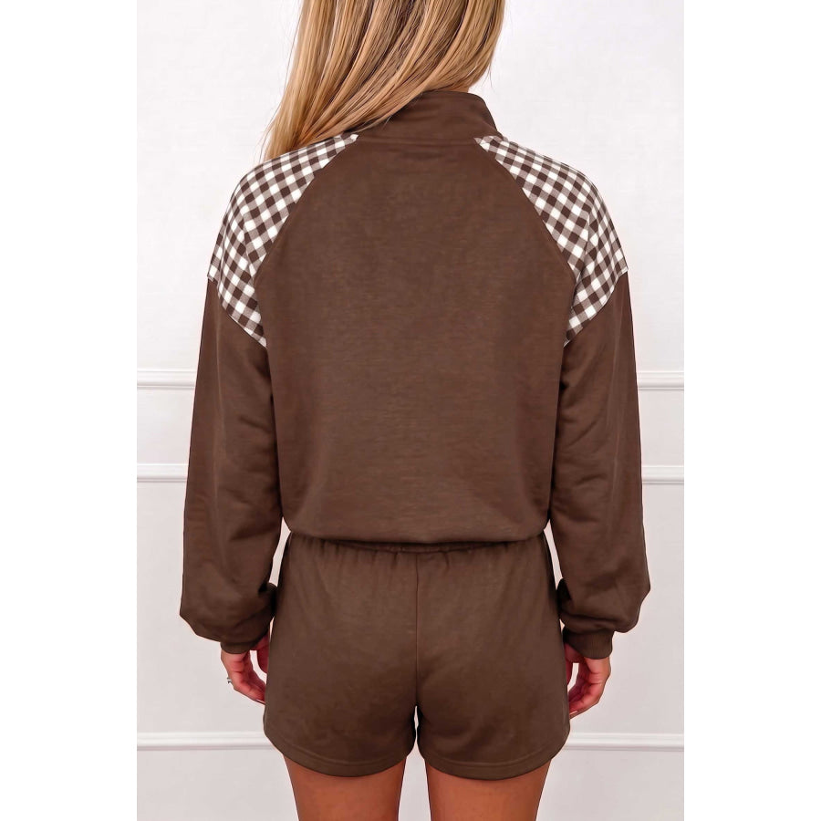 Coffee Plaid Patchwork Half Zip Pullover Drawstring Short Set / S Two Piece Sets/Short Sets