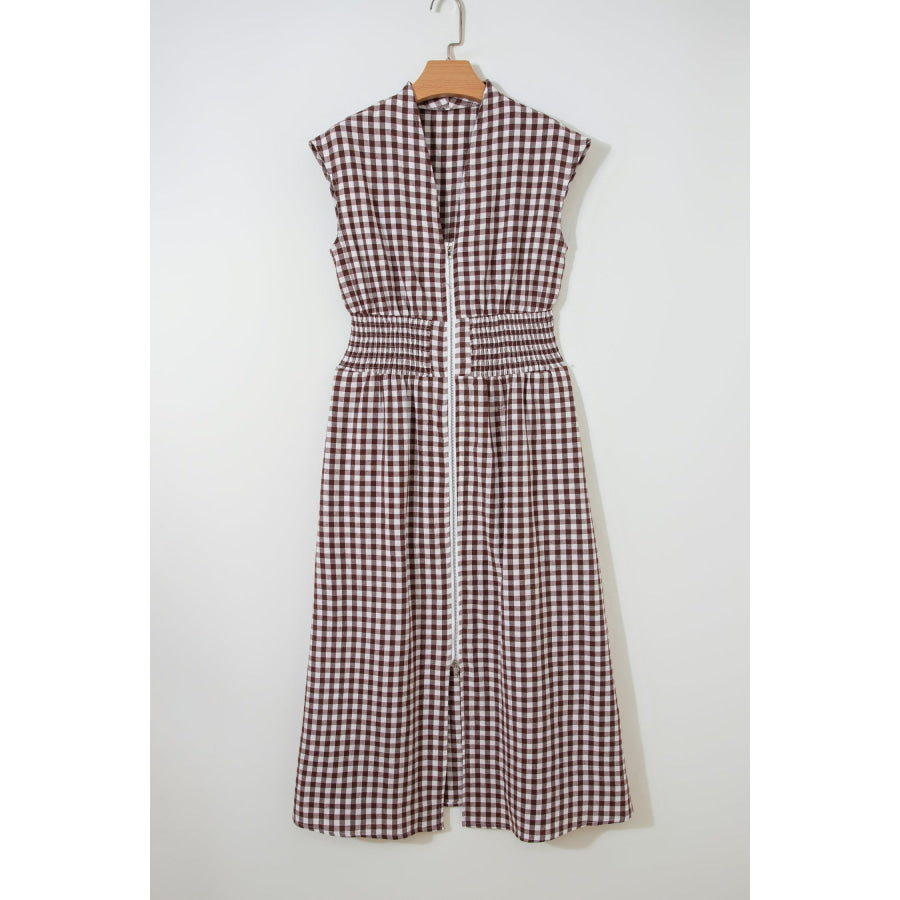 Coffee Plaid Print Full Zipper Cinched Waist Fit Flare Sleeveless Maxi Dress Dresses/Maxi Dresses