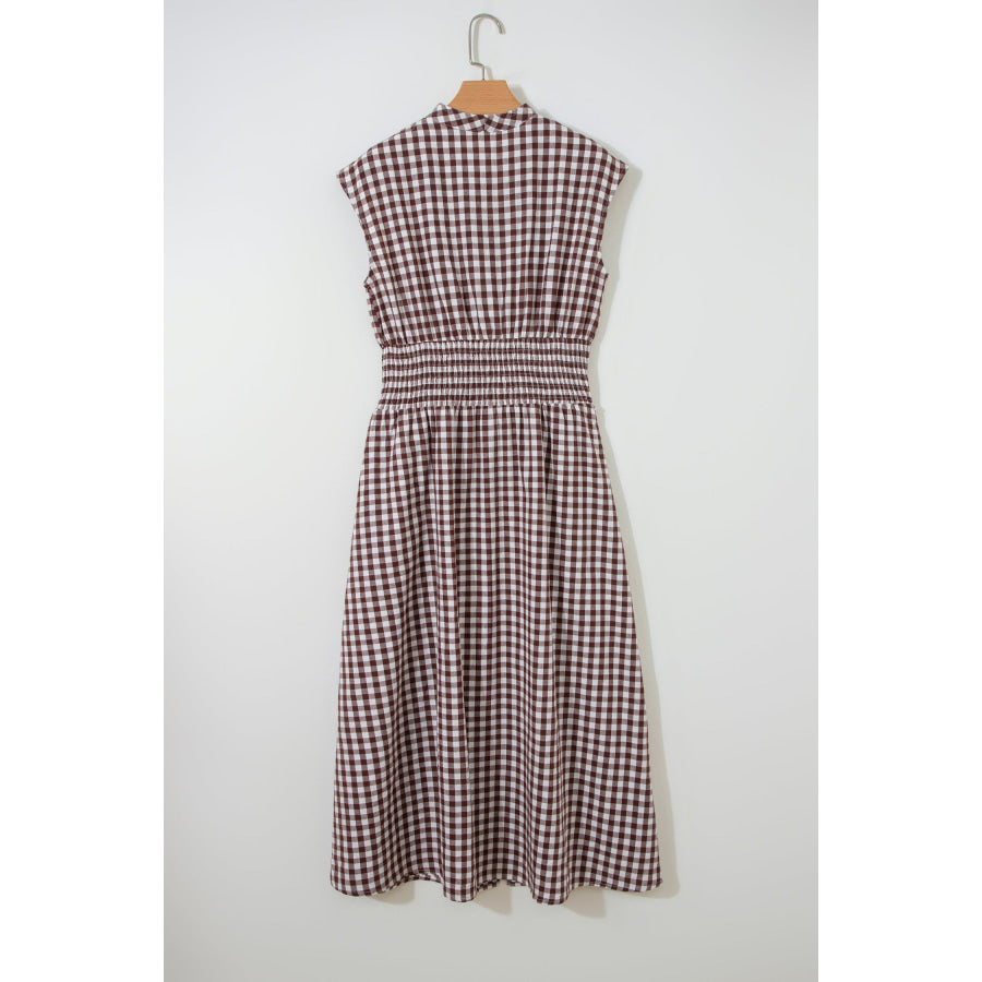 Coffee Plaid Print Full Zipper Cinched Waist Fit Flare Sleeveless Maxi Dress Dresses/Maxi Dresses