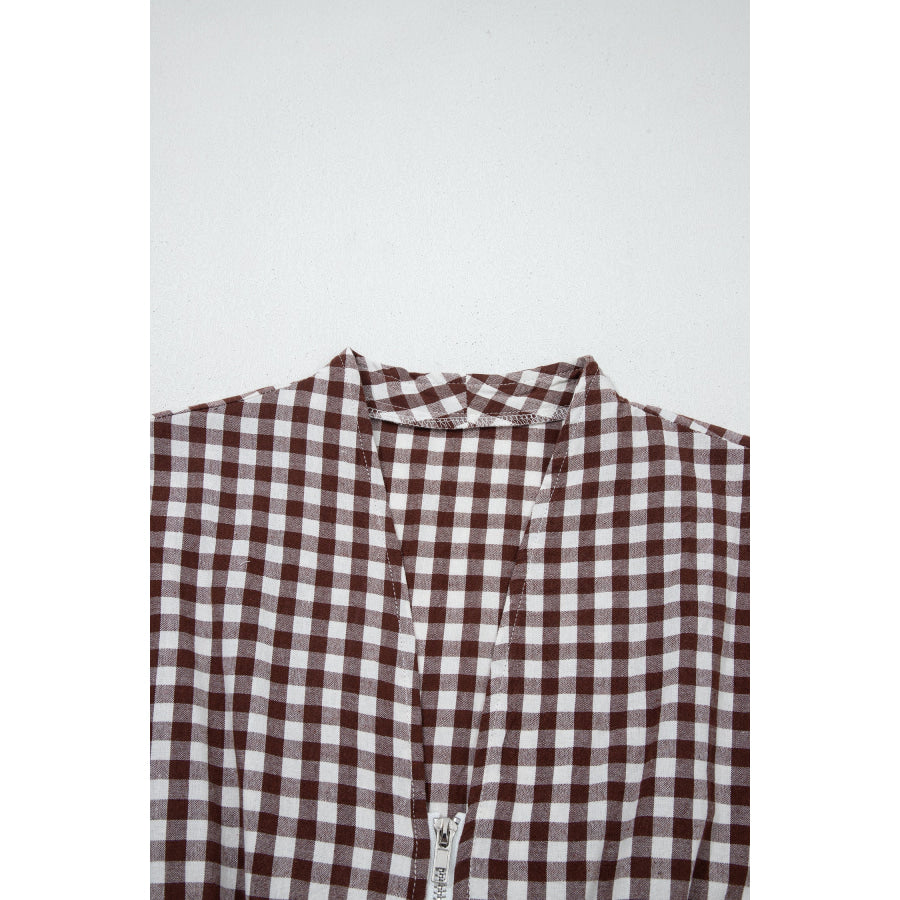 Coffee Plaid Print Full Zipper Cinched Waist Fit Flare Sleeveless Maxi Dress Dresses/Maxi Dresses